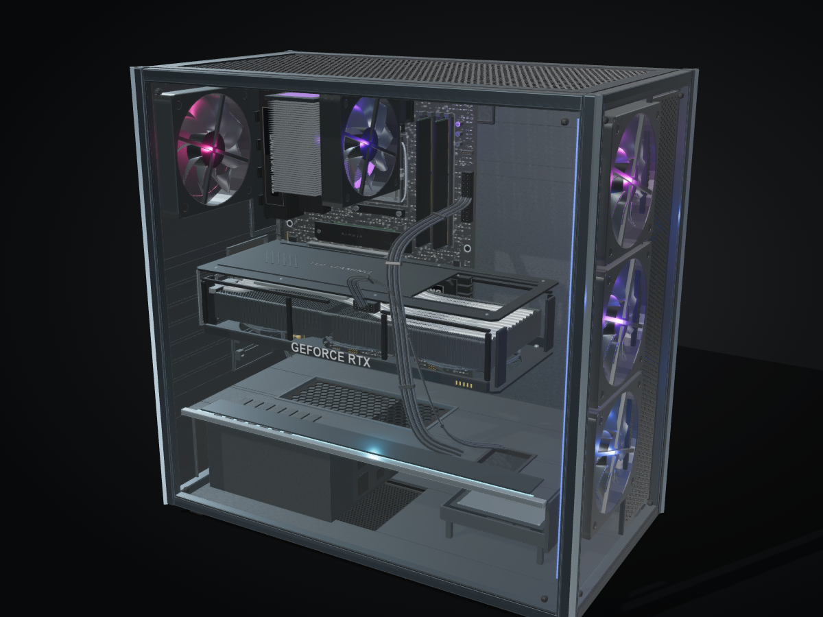 An assembled desktop PC showing its detailed motherboard, RTX 5090 graphics card, CPU cooler, case fans and power supply through the glass side panel.